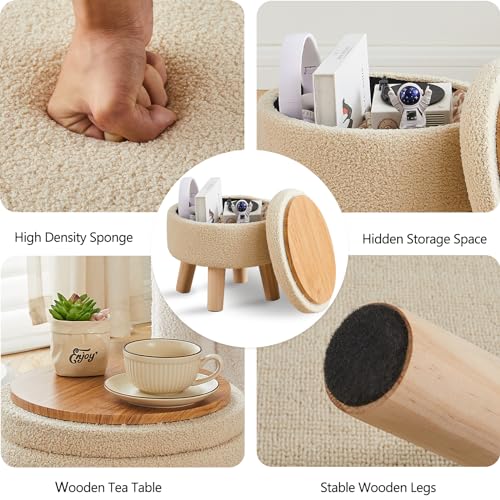 Wimarsbon Storage Ottoman, Modern Round Footrest with Soft Padded Seat, Teddy Velvet Footstool with Wood Legs, Accent Small Table or Plant Stand for Hallway, Living Room (Off-White) - color: Off-white