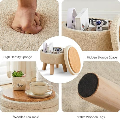 Wimarsbon Storage Ottoman, Modern Round Footrest with Soft Padded Seat, Teddy Velvet Footstool with Wood Legs, Accent Small Table or Plant Stand for Hallway, Living Room (Off-White) - color: Off-white