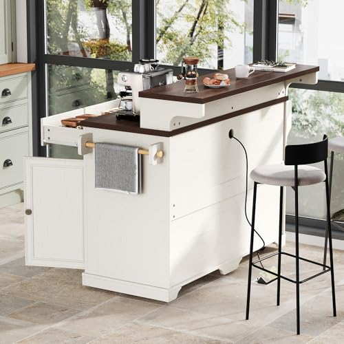 Merax 53.2" Two-Tier Kitchen Island with Storage, Farmhouse Kitchen Island with Power Outlet, 4 Door Shelves, Adjustable Shelves, 3 Drawers, Rolling Island Table, Bar Cabinet for Kitchen, Rustic White - color: Rustic White