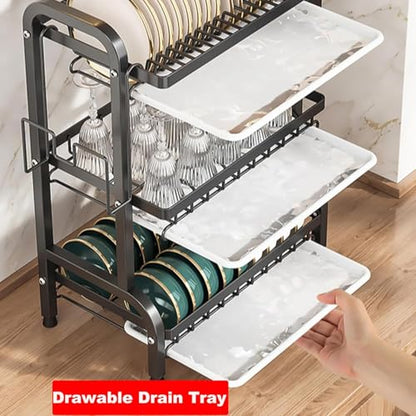 BCWW Dish Drying Rack - 3 Tier Stainless Steel Dish Rack for Kitchen Counter, Large Capacity Kitchen Organizers and Storage Rack with Drainboard and Cutlery Holder
