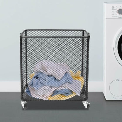 Rolling Laundry Basket, Large Capacity Metal Laundry Hamper with Wheels, Heavy Duty Iron Mesh Hamper Cart for Home Bathroom Bedroom Laundry Room (Black, Rectangular) - color: Black, size: Rectangular