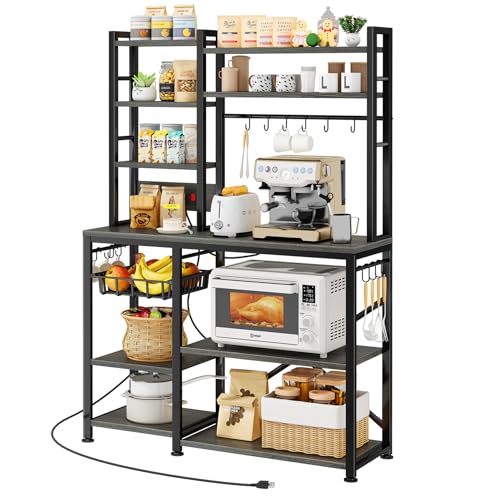 SNTD 6-Tier Bakers Rack with Power Outlets, 36 x 14.6 x 72 in, Rustic Grey | Large Capacity for Small Appliances, Stable Metal Frame with Wood Shelves, Pull-Out Basket, 14 Hooks - color: Rustic Grey