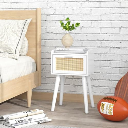 LAATOOREE Nightstand Set of 2, Small White Bedside Table, End Table with Rattan Door, Boho Side Table with Solid Wood Legs for Bedroom Living Room Small Space - color: White, style: Boho Style