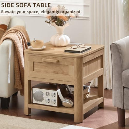 Joaxswe Farmhouse Side Table Set of 2 Living Room, Small Night Stand with 1 Drawers & Open Shelving & 4 Thickened Table Legs, Natural Wood - color: Natural, size: Set of 2