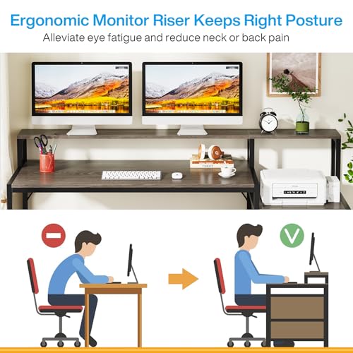 Tribesigns 63 Inch Computer Desk with File Drawer Cabinet, Ergonomic Office Desk with Monitor Stand, Industrial Computer Table with Printer Space, Wood PC Table Workstation Desk for Home Office - color: Grey