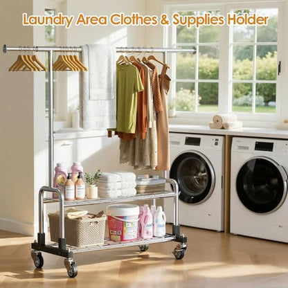 Luxspire Rolling Heavy Duty Clothes Rack with 2 Sturdy Shelves Load 600 LBS | Zinc-iron alloy frame, lockable silent wheels, adjustable extendable rods for bedroom and laundry room garment storage - color: Silver