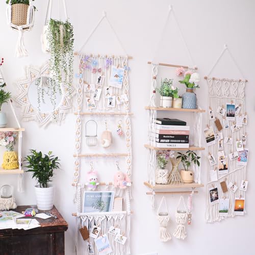 TENEWEE Macrame Floating Hanging Wall Shelf Boho Decor with Hooks | Handmade Cotton, Large Storage, Plant & Book Display, Bedroom, Living Room, Bath, Kitchen, Dorm, Vanity, Entryway - size: 3tier shelves