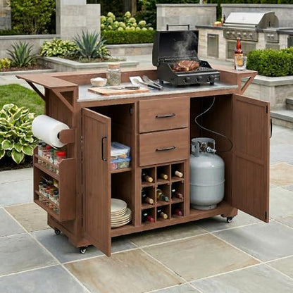 Modern 60.2''W Outdoor Kitchen Island with Wheels, Rolling Patio BBQ Kitchen Cart with Stainless Steel Top, Wood Grill Cart with Spice Rack&Wine Rack,2 Drawers, Brown - style: Brown