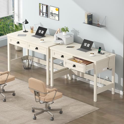 YOMILUVE Farmhouse Computer Desk with 2 Drawers, 39 Inch Small Office Computer Desk with Power Outlets, Compact Writing Study Vanity Desk for Small Spaces, White - color: White