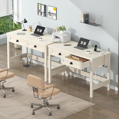 YOMILUVE Farmhouse Computer Desk with 2 Drawers, 39 Inch Small Office Computer Desk with Power Outlets, Compact Writing Study Vanity Desk for Small Spaces, White - color: White