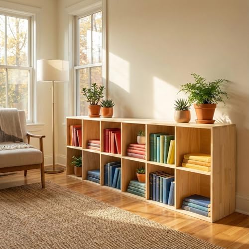 Gdrasuya10 Book Shelf, 12 Cubes Storage Organizer, 6/2 Tier 70" Long Cube Low Bookcase Freestanding Book Storage Display Organizer, Open Shelf Bookshelf for Home Office, Wood Color - size: 12 Cubes/2 Tier