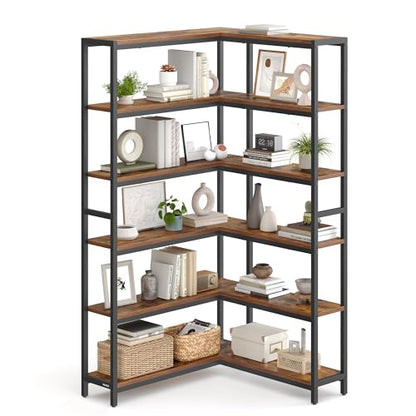 VASAGLE 6 Tier Bookshelf with Metal Frame, Convertible Industrial Corner Shelf, 9.4 x 52.8 x 69 Inches, for Living Room, Bedroom, Home Office, Rustic Brown and Ink Black ULLS806K01 - size: 6 Tiers (52.8"W)