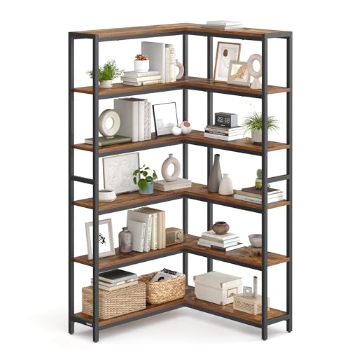 VASAGLE 6 Tier Bookshelf with Metal Frame, Convertible Industrial Corner Shelf, 9.4 x 52.8 x 69 Inches, for Living Room, Bedroom, Home Office, Rustic Brown and Ink Black ULLS806K01 - size: 6 Tiers (52.8"W)