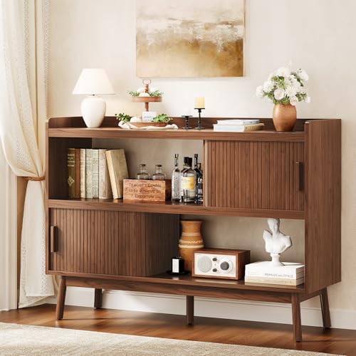 ONBRILL 51.2" Sideboard Buffet Cabinet with Outlet & 2Open Storage Spaces, Fluted Sideboard Cabinet with Sliding Door & Adjustable Shelves, Mid-Century Accent Coffee Bar Console Table with Wooden Feet - color: Wlanut, size: 51.2"