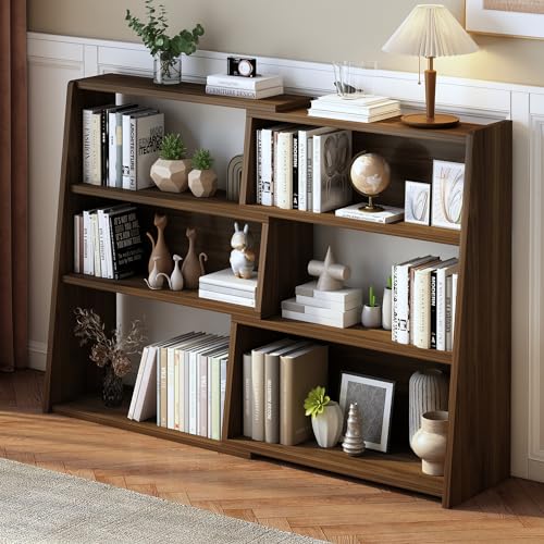IOTXY Wooden Extendable Shelf Bookcase - 3-Tier Ladder Low Short Bookshelf for Small Space or Corner, Dark Walnut, L - color: Dark Walnut, size: Large