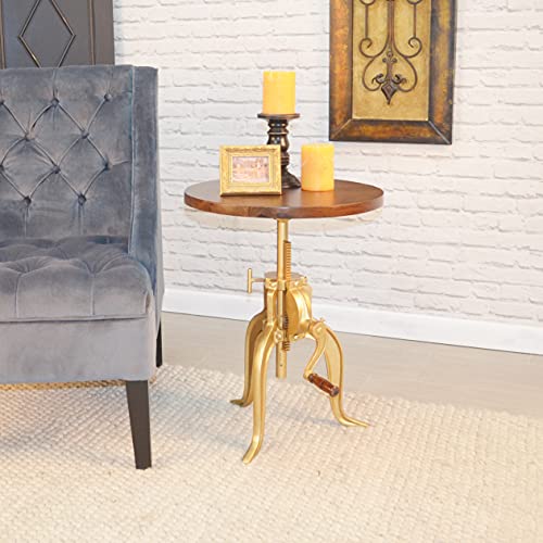 Carolina Chair & Table Adjustable Hand Crank 18" Wooden Top Rustic Side Table - Cast Iron Base Round Accent Table for Farmhouse, Living Room, or Bedroom (Elm/Gold) - color: Elm/Gold