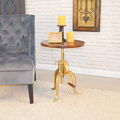 Carolina Chair & Table Adjustable Hand Crank 18" Wooden Top Rustic Side Table - Cast Iron Base Round Accent Table for Farmhouse, Living Room, or Bedroom (Elm/Gold) - color: Elm/Gold