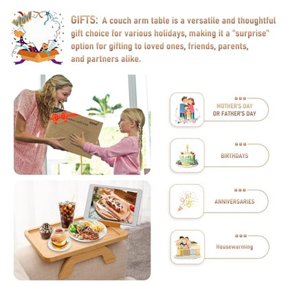 SINWANT Couch Arm Tray,Bamboo Sofa Clip on Side Table,Foldable Couch Armrest Table with 360°Rotating Phone Holder,Anti Slip Food Trays for Eating/Drinks/Snacks/Remotes 15.35" x 9.85" - color: Natural