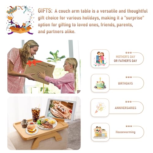 SINWANT Couch Arm Tray,Bamboo Sofa Clip on Side Table,Foldable Couch Armrest Table with 360°Rotating Phone Holder,Anti Slip Food Trays for Eating/Drinks/Snacks/Remotes 15.35" x 9.85" - color: Natural