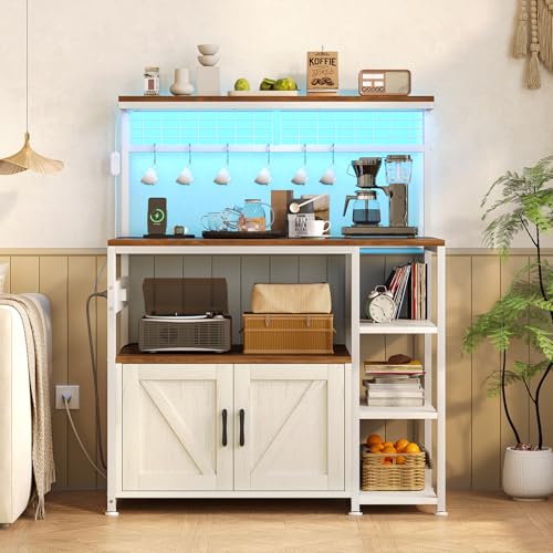 TVU Bakers Rack with Power Outlet and LED Light, Microwave Stand with Storage Cabinet, Coffee Bar Cabinet Station with 6 Hooks for Kitchen, Dining Room, Living Room, Coffee Bar, Walnut, White - color: Walnut + White