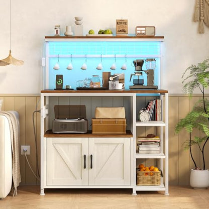 TVU Bakers Rack with Power Outlet and LED Light, Microwave Stand with Storage Cabinet, Coffee Bar Cabinet Station with 6 Hooks for Kitchen, Dining Room, Living Room, Coffee Bar, Walnut, White - color: Walnut + White