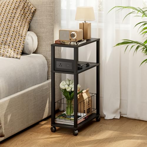 DGSANDGO Black Narrow Rolling Side Table with Charging Station (Outlets/USB Ports) & Storage Basket - Small Space End Table for Living Room Bedroom Office (Black) - color: Black, size: Basket Narrow-24.4"H 1 PC