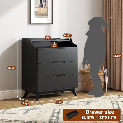 35" Large Night Stand Set of 2 with Charging Station, 3 Drawer Nightstand | Spacious Drawers, Pre-Installed Slide, Wood Bedside Table, Modern End Table, Nightstand for Bedroom Sofa Couch, Black - color: Black, size: Large (3 drawer)