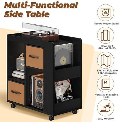 Yaheetech Narrow Side Table with Storage, Wooden Rolling Nightstand Bedside Table with Wheels, Magazine Racks and Open Shelves, End Table with Drawers for Living Room Bedroom, Black - color: Black