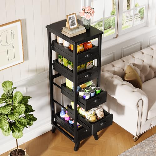 Tribesigns Black Wood Fruit and Vegetable Storage Rack, 5-Tier Narrow Snack Stand Kitchen Stand Fruit Basket, Pull-Out Utility Organizer for Kitchen, Living Room - color: Black