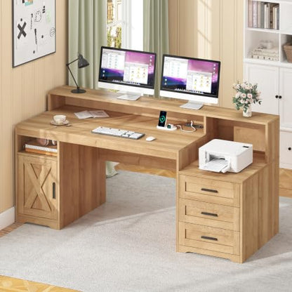 65" Farmhouse Computer Desk with Drawers and Printer Stand for Home Office | Office Desk with Power Outlets and Storage Cabinet, Study Writing Desks with Long Monitor Stand, Oak - color: Oak