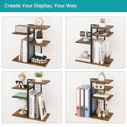 ELITEROO Desktop Shelf Organizer, 4-Tier Wooden Desk Bookshelf, Small Tabletop Book Shelf, Adjustable Display Rack for Home, Office, Dorm, Rustic Brown - color: Brown