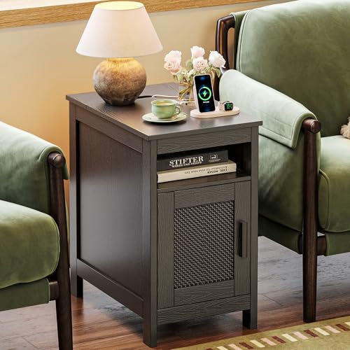Huuger Narrow Night Stand, End Table with Charging Station, USB-C Port, Rattan Side Table with Cabinet and Open Shelf, Synthetic Rattan, for Small Spaces, Bedroom, Black - color: Black