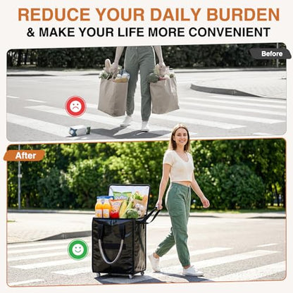 Large Reusable Grocery Bag on Wheels, Foldable Rolling Tote Bag with Handle and Zipper for Market Laundry Travel - color: Black