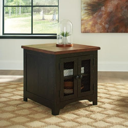 Signature Design by Ashley Distressed Two-Tone Wood Accent Side Table, Valebeck End Table with Cabinet, Casual Farmhouse Nightstand with Metal Wire Mesh Doors, Brown and Black - color: Black/Brown