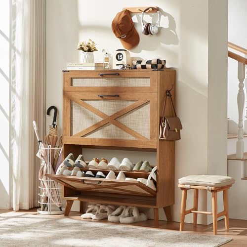 LEYAOYAO Shoe Cabinet Storage for Entryway with 2 Flip Drawers Rack Narrow Organizer Slim Hidden Wood Shoe Cabinet Furniture Tea Brown - color: Tea Brown
