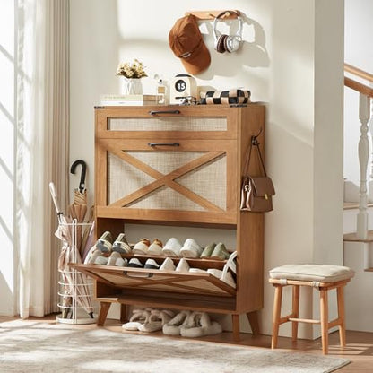LEYAOYAO Shoe Cabinet Storage for Entryway with 2 Flip Drawers Rack Narrow Organizer Slim Hidden Wood Shoe Cabinet Furniture Tea Brown - color: Tea Brown
