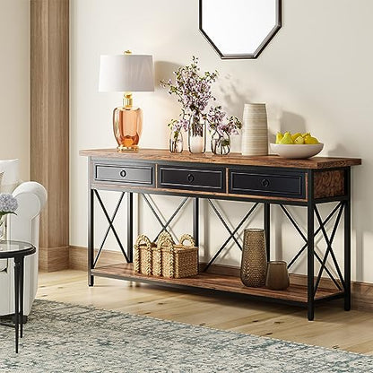 Tribesigns 70.8" Console Table with 3 Drawers, Farmhouse Entryway Table with Storage Shelf, Narrow Long Sofa Foyer Table for Entryway, Hallway (Brown/Black) - color: Brown/Black