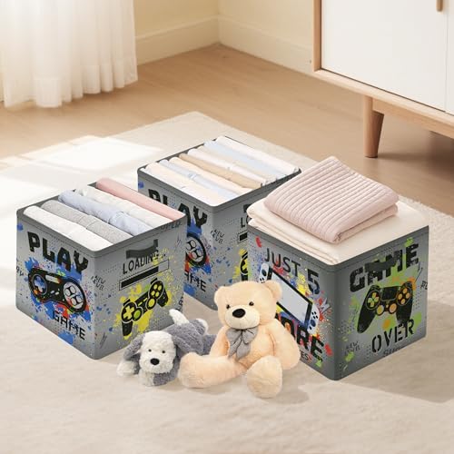 Clastyle Video Game Kid Storage Cube Organizer Set Black Gamepad Closet Clothes Cube Storage Bin Nursery Toddler Toy Box Chest Girl Boy Book Shelf Basket,Graffiti,11.8x11.8x11.8 in - color: Graffiti