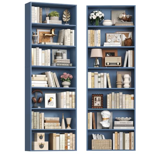 82" Tall Bookshelf Set of 2, 7-Tier Double Shelves Bookcase, Blue | Extra Tall Bookcase with Storage, Floor to Ceiling Bookshelves, Narrow Bookshelf Home Decor Furniture for Office, Living Room - color: Blue