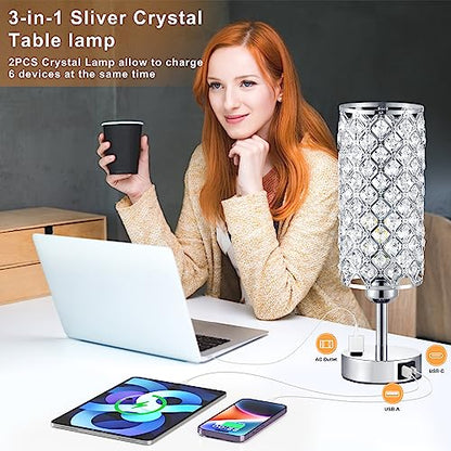 Hong-in Crystal Lamp Touch Control Set of 2, Sliver Crystal Table Lamps with USB C+A Ports & AC Outlet, 3-Way Dimmable Nightstand Touch Lamp, Modern Bedside Table Lamp for Bedroom(Bulbs Included) - color: A-Silver