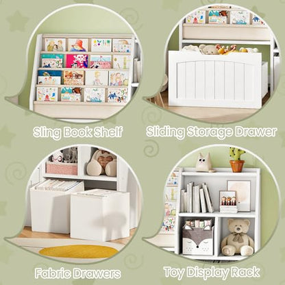 CHOEZON Kids Bookshelf, Children's Bookcase with 4 Sling Book Shelves, Toy Storage Cubby, Fabric Storage Baskets, Wooden Book Shelf for Kids' Room, Playroom, Nursery, Living Rooms, White MCW17WB - color: White