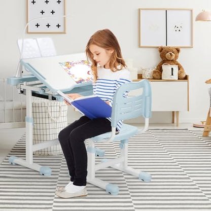 Rengue Kids Desk and Chair Set, Height Adjustable Children School Functional Study Desk with 55° Tiltable Desktop, 3 Modes & Brightness LED Light, Storage Drawer & Metal Hook for Boys Girls (Blue) - color: Blue