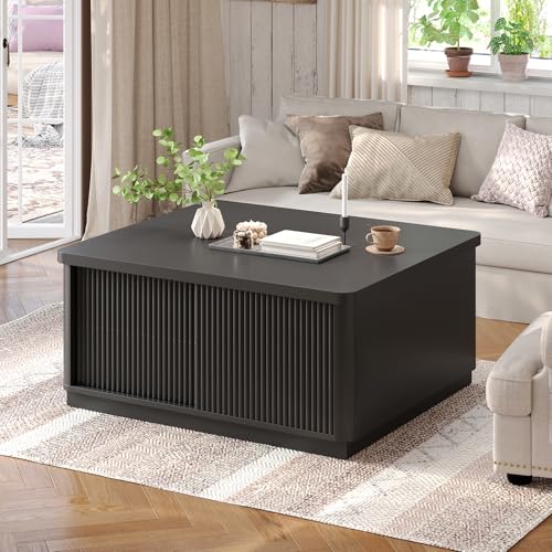 Itaar 39.4'' Lift Top Coffee Table with Storage, Fluted Coffee Tables for Living Room, Square Coffee Table with Large Hidden Compartment & 2 Drawrs & Adjustables Shelves, Black - color: Black