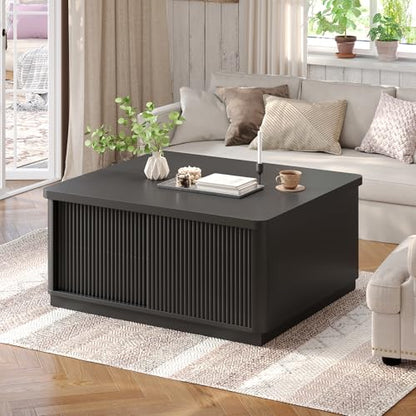 Itaar 39.4'' Lift Top Coffee Table with Storage, Fluted Coffee Tables for Living Room, Square Coffee Table with Large Hidden Compartment & 2 Drawrs & Adjustables Shelves, Black - color: Black