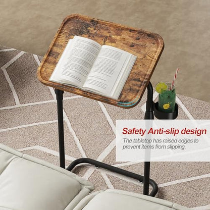 TUTOTAK C Shaped End Table with Tiltable Surface, Adjustable Height Side Table, Slide Under Couch Table TV Tray for Eating, Sofa Tray for Livingroom, Bedroom Brown TB01BB091 - color: Brown