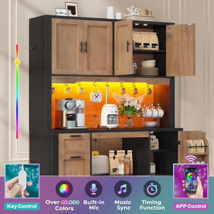 Itaar 71" Pantry Cabinet with Charging Station and LED Light, Kitchen Pantry Cabinet with Microwave Stand, 47.2" Wide Kitchen Storage Cabinets with Storage Cart 3 Tier for Dining Room,Brown - color: Brown
