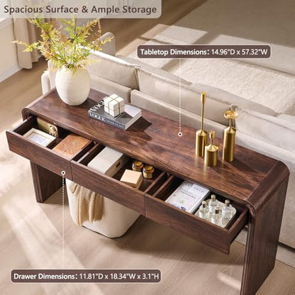 Aitjunz 63'' Console Table with 3 Drawers, Modern Entryway Table with Curved Profile Design, Narrow Long Wood Sofa Table Behind Couch Table for Living Room, Hallway, Foyer, Brown - color: Brown