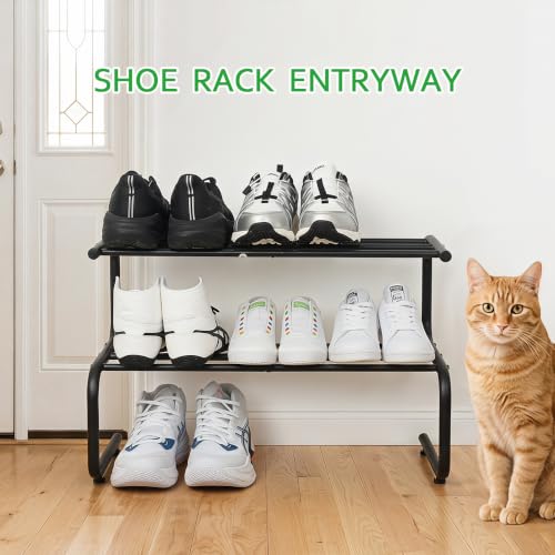 Black Metal Shoe Rack, 2 Tier 5-Shaped Shoe Storage Organizer, 24” Wide Compact Shoe Shelf for Entryway, Closet Floor, Hallway, Small Spaces, Free Standing Front Door Entrance Shoe Shelves