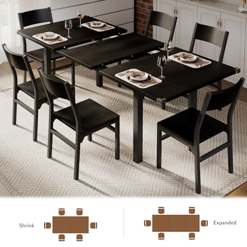 iPormis 7-Piece Dining Table & Chairs Set for 4-6, 63" Extendable Kitchen Table with 6 Chairs, Dining Room Table with Metal Frame & MDF Board, Perfect for Small Space, Easy Assembly, Black - color: Black