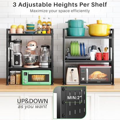 Microwave Stand, 3-Tier Expandable(17.4"- 27.4") Heavy Duty Adjustable Shelf Microwave Oven Rack, Kitchen Countertop Organizer and Storage with 9 Hooks & Cutting Board Holder, Holds up 180 lbs, Black - style: 3 Tier-Black